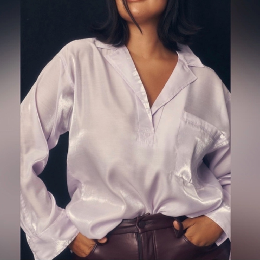 Pilcro Anthropologie Notched Collar Lilac Shine Blouse Satin Top Long Sleeve XL